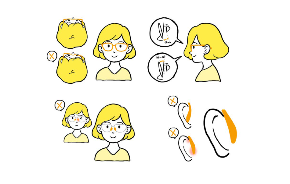 メガネの正しいかけ方を説明するイラスト付きフライヤー。間違った装着方法やフィット感の調整方法を視覚的に解説し、幅広い年齢層にわかりやすくデザイン。オリジナルイラストを用いた親しみやすいビジュアルで、メガネの快適な着用をサポート。