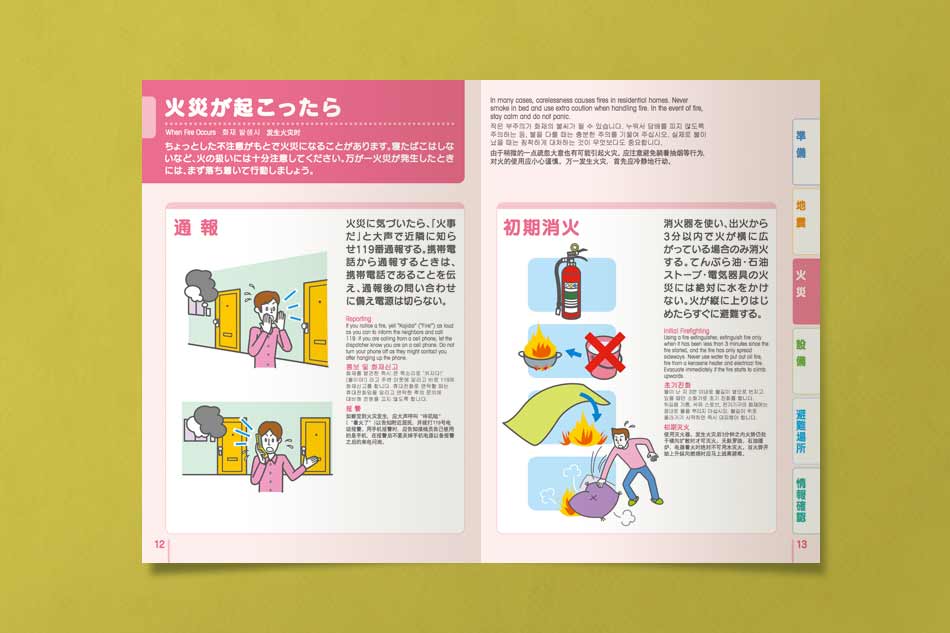 火災発生時の対応マニュアル(通報・初期消火)。火事に気付いたら大声で周囲に知らせ、すぐに119番通報。避難時は煙を吸わないように低い姿勢で移動。初期消火は消火器を使用し、出火から3分以内に鎮火できるかを判断。油火災には水をかけず、布や消火器を使用。イラスト付きで火災対策を4カ国語(日本語・英語・中国語・韓国語)で解説。